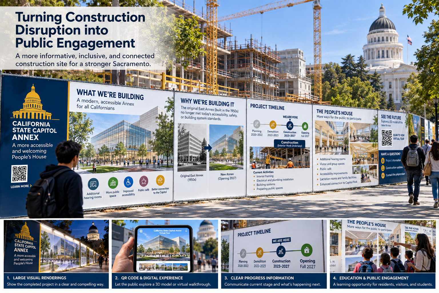 Concept visualization of a Capitol construction fence transformed into an informative public display with project renderings, progress information, timeline, QR codes and public-engagement material.